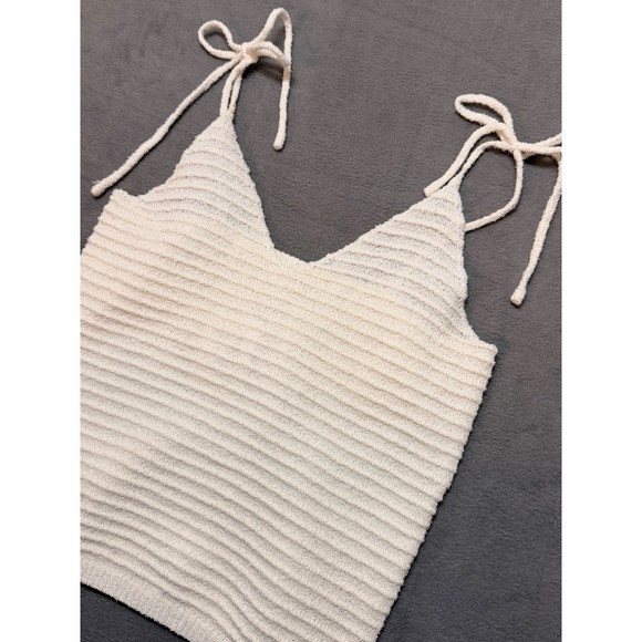 Blu Pepper Ivory Ribbed Knit Tie Strap V Neck Tank Top Boho Nautical cottagecore - Picture 2 of 8